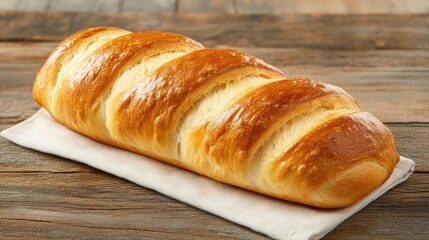 Fototapeta premium Freshly Baked Golden Bread Loaf on Wooden Table with Linen Cloth