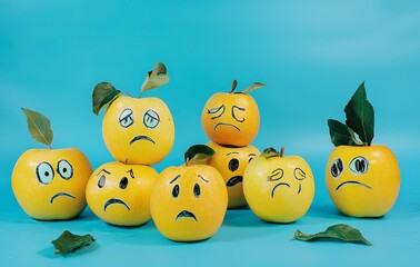 Various emotions from joy to sadness and anger portrayed on a blue apple