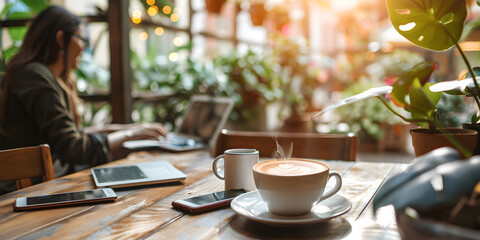 A cup of coffee in hand next to laptop A cup of hot cappuccino coffee with cookies