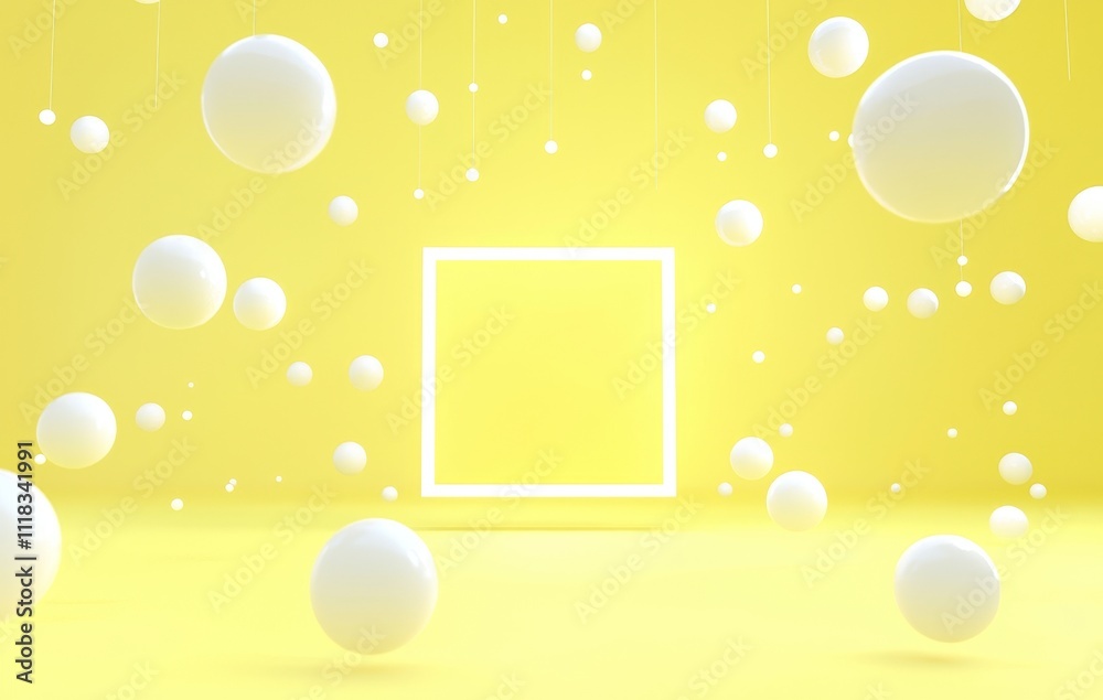 Poster detailed 3d rendering of abstract summer background with yellow balls flying around.