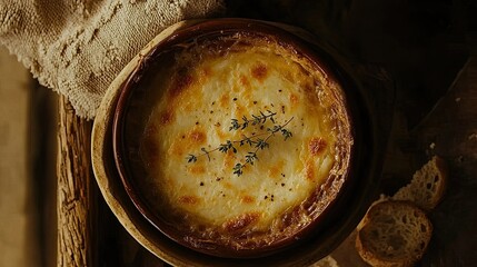 Delicious Baked Dish with Cheesy Top and Herbs on Rustic Table