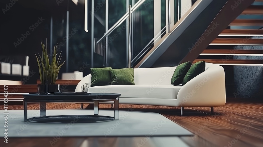 Aufkleber an interior design with a staircase and a mock up wall background. 3d rendering and illustration.