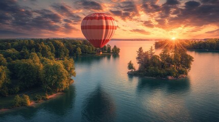 Hot air balloon flying over lake at sunset.
