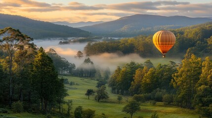 Obraz premium Hot air balloon floats over misty valley at sunrise.