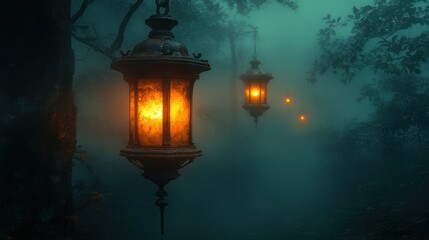 Mystical lanterns illuminating foggy forest at night.