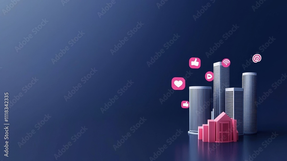 Poster A smart city with technology network connectivity. Internet of things and social media connections. Technology 5G and digital data connections. Future background concept. 3D rendering.