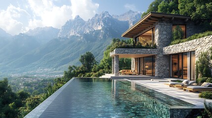 Naklejka premium Stunning capturing a luxurious stone villa styled perfectly with an infinity pool picture