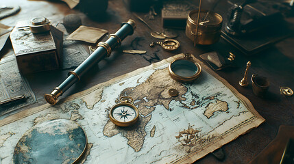 Exploring the details of an antique map and navigational tools on a wooden desk