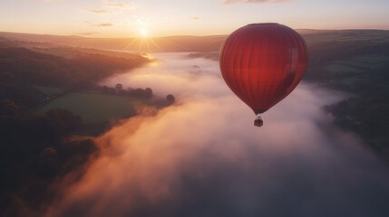 Obraz premium Hot air balloon soaring above a misty valley at sunrise.