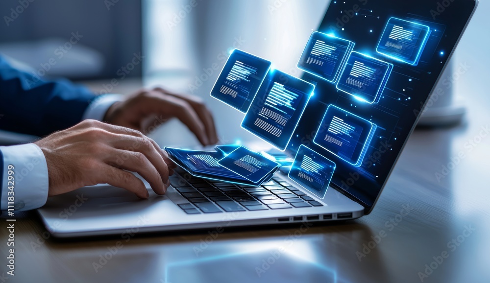 Poster The laptop is typically used by businessmen to access information from online documents. This is done by using the document management system (DMS), an online documentation database, or a digital