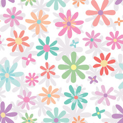 Cute seamless pattern with pastel nursery elements of colorful flowers