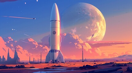 Naklejka premium Dramatic rocket launch soaring into a futuristic cosmic landscape with a prominent moon and vibrant clouds in the night sky Representing the innovation progress and spirit of space