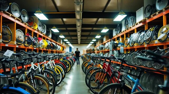 Expansive Bicycle Warehouse with Rows of Colorful Bikes and Shelves of Wheels Under Bright Lighting
