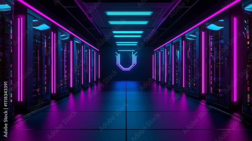 Poster Server racks in a modern data center working in a dark facility. Concept of the Internet of Things, Big Data Protection, Cryptocurrency Farms, and Cloud Computing. Crypto mining 3D warehouse.