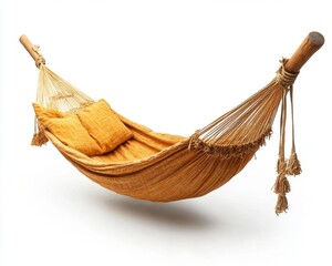 Fototapeta premium A cozy yellow hammock with cushions, perfect for relaxation and outdoor lounging.