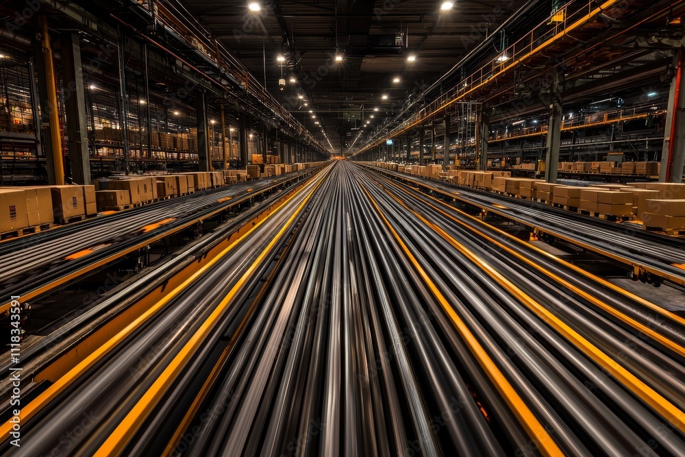 Aufkleber A logistics hub with conveyor belts and automated sorting machines, packages moving seamlessly through the system, and generative stock