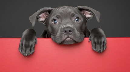 Playful Pitbull Puppy Peek: Adorable blue-eyed pitbull puppy playfully peeks over a vibrant red banner, captivating with its innocent gaze and charming paws.