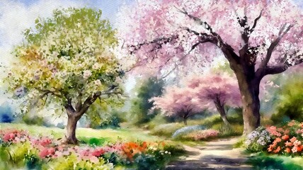 Fototapeta premium Flowers and trees in the garden, watercolor paintings rustic landscape, artwork