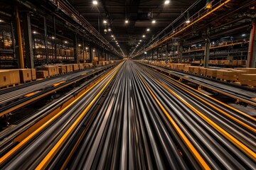 Fototapeta premium A logistics hub with conveyor belts and automated sorting machines, packages moving seamlessly through the system, and generative stock