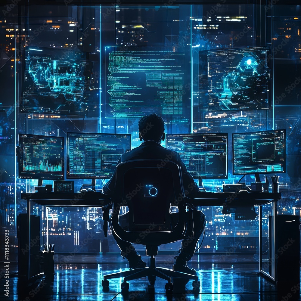 Aufkleber Tech Guru in Futuristic Data Center Utilizing Laptop Amidst Warehouse, Streamlined Digitalization with Cloud Computing and Web Services.