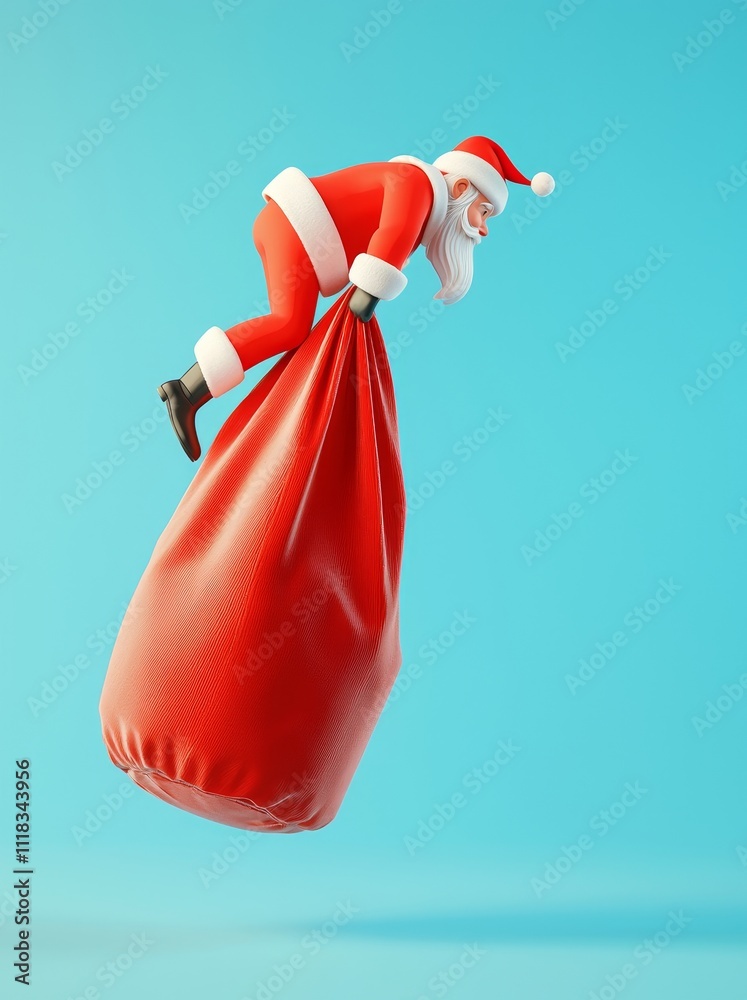 Poster an illustration of santa claus on a huge red sack with christmas presents on a blue background. rend