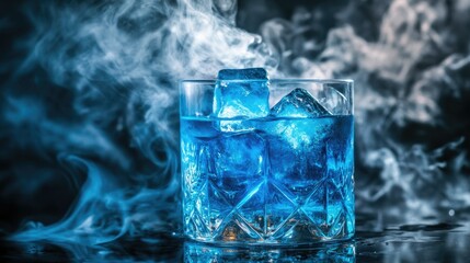Ice-Cold Blue Cocktail in Crystal Glass with Dramatic Smoke Effect