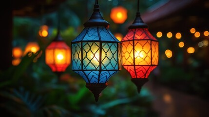 Colorful hanging lanterns illuminating a garden at night.