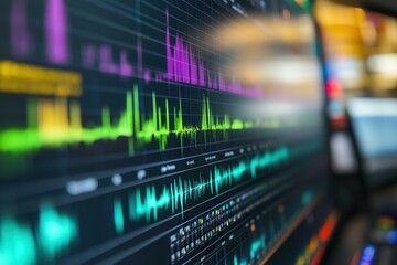 Fototapeta premium Colorful digital audio waveform display on technical screen.