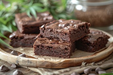 Brownies are stacked on a wooden plate with chocolate chips nearby. Concept of delicious homemade desserts. For a baking cookbook cover.