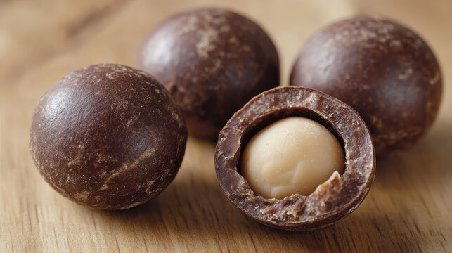 Delicious macadamia nuts coated in chocolate, showcasing their rich texture and flavor. Perfect for snacking or as gourmet treat - Powered by Adobe