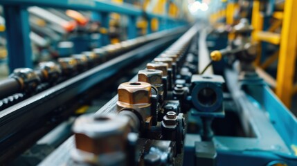 Fototapeta premium Polished metal components traveling on a conveyor belt highlight the efficiency and precision of modern manufacturing within an advanced industrial production line