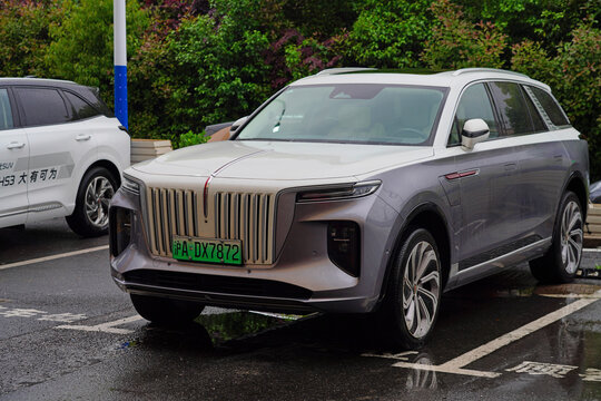 SHANGHAI, CHINA -30 APR 2024- View of luxury electric cars from Chinese automaker Hongqi at a dealership in Shanghai, China.