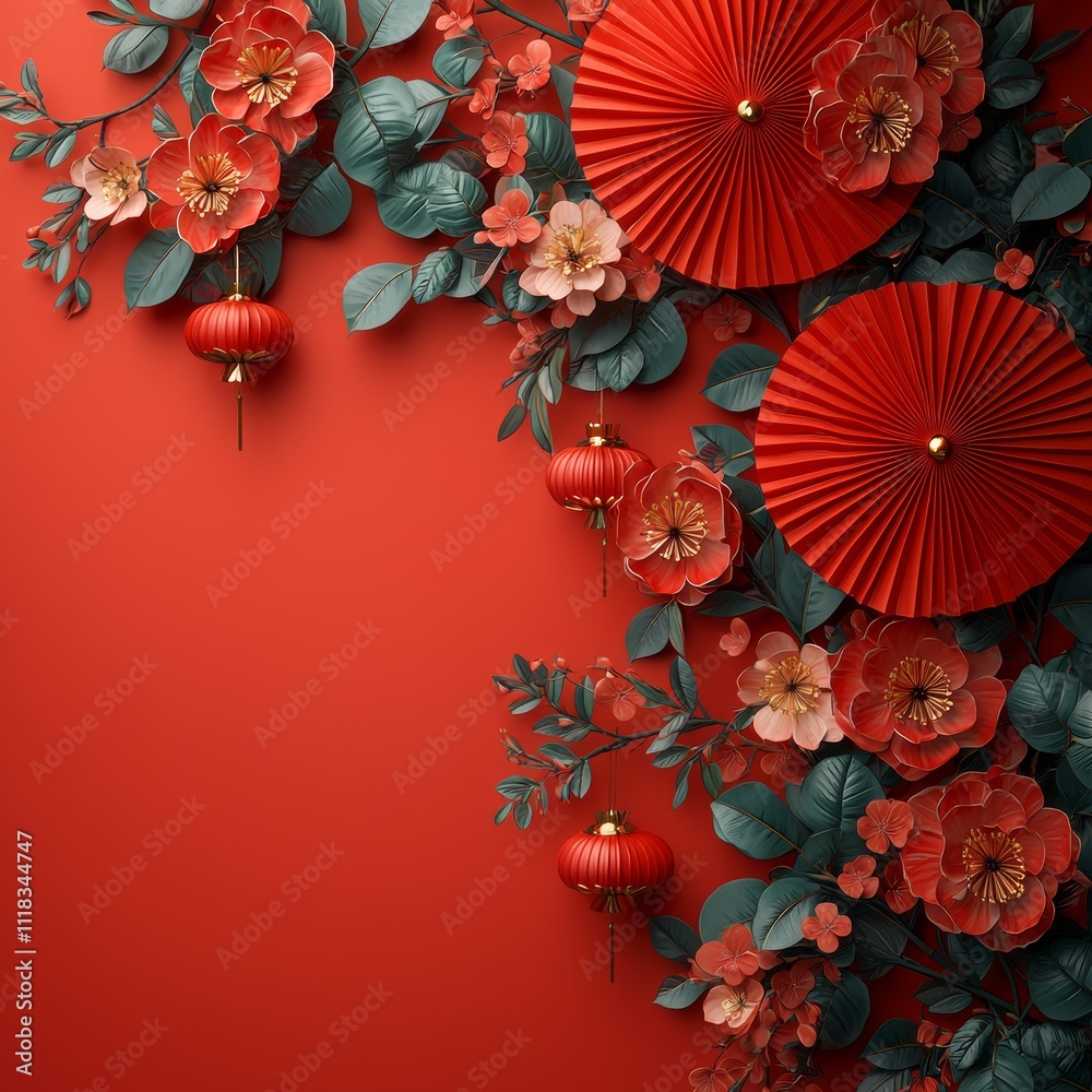 Aufkleber a chinese new year banner with red paper fans decorations on a red background..a chinese new year ba