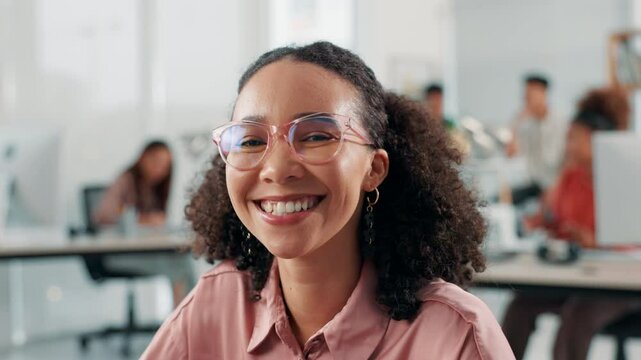 Face, laughing and internship with business woman in office for creative agency, funny joke and designer studio. Happiness, entrepreneurship and comic with female employee in startup for opportunity