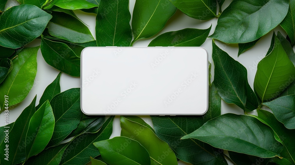 Aufkleber an empty smartphone screen is mocked up on a white background with green leaves