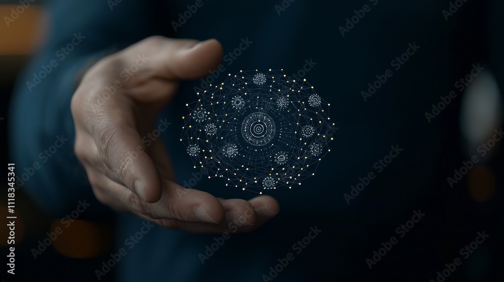 Poster An image of a businessman holding virtual gears connected by lines symbolizes new technologies, optimization and automation of business processes