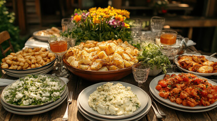 Obraz premium vibrant outdoor dining setup featuring variety of healthy dishes, including roasted potatoes, salads, and fresh herbs, perfect for gathering