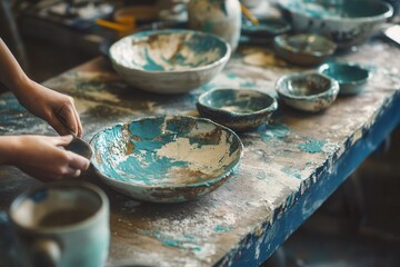 Obraz premium Artisan crafting ceramics in studio with hands shaping blue and white bowls on rustic table.