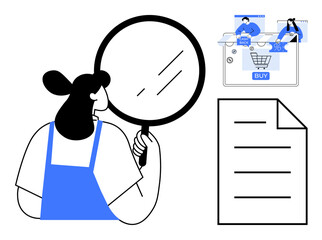 Woman holding a magnifying glass, focusing on a digital shopping interface featuring a shopping cart and Buy button. Ideal for e-commerce, analytics, retail, marketing, consumer behavior, digital