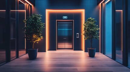 Modern Elevator Lobby with Plants and Neon Lights