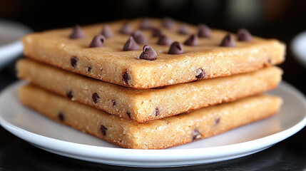 Delicious homemade chocolate chip blondies stacked on white plate, showcasing golden brown color and chocolate chips on top, perfect for dessert lovers