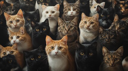 Fototapeta premium Gathering of numerous cats showcasing diverse breeds and colors in a vibrant display