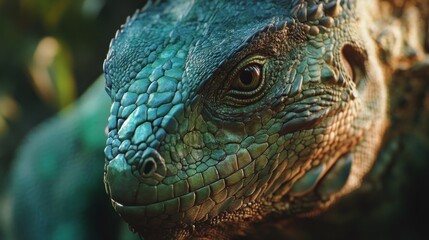 Fototapeta premium Close-up of a green iguana's head and face, showing scales, eye, and textures.