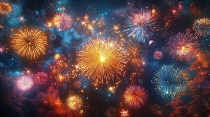 Fototapeta premium Colorful fireworks light up night sky. Many fireworks display different colors, shapes in night sky. Festive event at night. Celebratory event in city. Warm yellow gold light. Starry night. Abstract