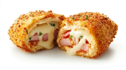 Crispy Fried Snack with Cheese and Ham Filling on White Background