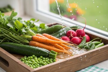 A variety of freshly harvested vegetables, including carrots, radishes, and cucumbers, are being rinsed with water in a wooden tray. Bright sunlight pours in from a nearby window, enhancing their vibr