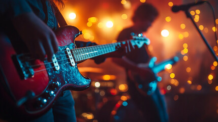 Obraz premium Musicians performing live at an intimate venue with colorful lights in the background