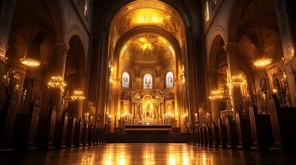 Ornate church interior with golden altar, stained glass, and candlelight.
