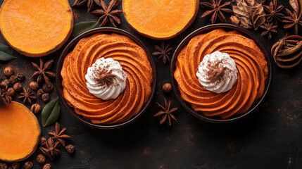 Fototapeta premium Delicious homemade sweet potato casserole topped with whipped cream and spices, surrounded by orange slices and aromatic spices, perfect for festive occasions