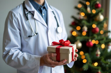 Doctor in a white coat holding a wrapped gift with a red ribbon, standing in front of Christmas tree. Light background with space for text. Holiday cheer in a medical setting.